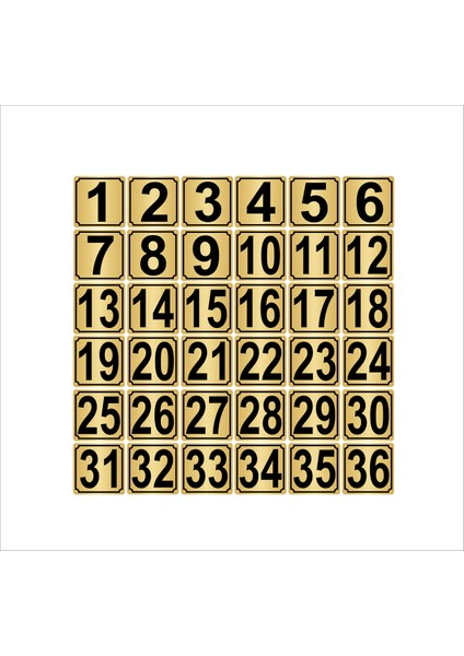 Metal Kapı Masa Dolap Numarası 15 x 15 cm 36'lı 1-36 Altın