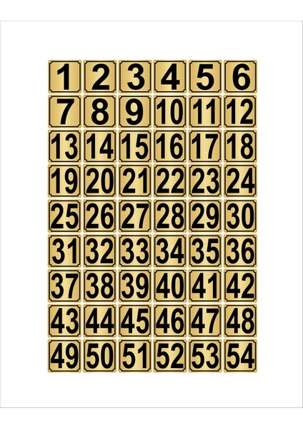 Metal Kapı Masa Dolap Numarası 7 x 7 cm 54'lü 1-54 Altın
