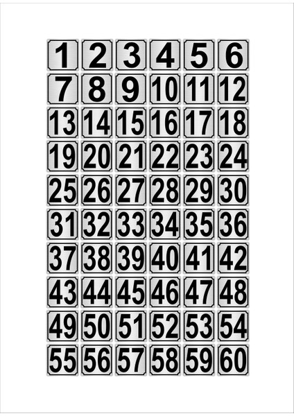 Metal Kapı Masa Dolap Numarası 7 x 7 cm 60'lı 1-60 Gümüş