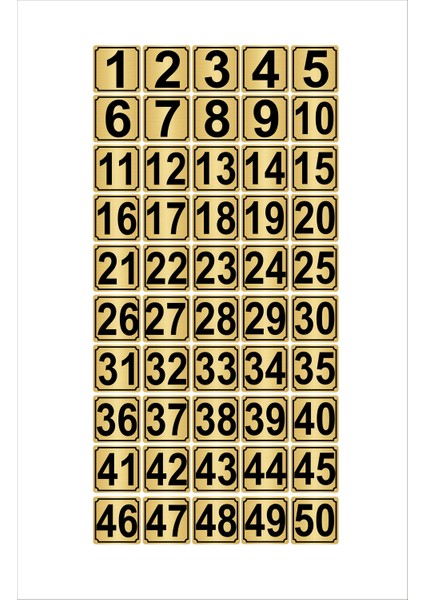 Metal Kapı Masa Dolap Numarası 3,5 x 3,5 cm 50'li 1-50 Altın