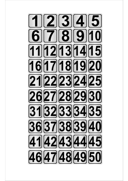 Metal Kapı Masa Dolap Numarası 10 x 10 cm 50'li 1-50 Gümüş
