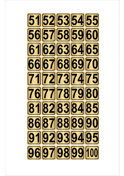 Metal Kapı Masa Dolap Numarası 3,5 x 3,5 cm 50'li 51-100 Altın