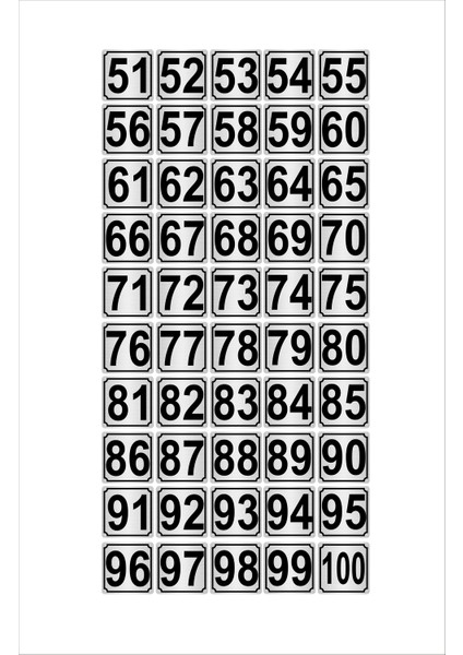 Metal Kapı Masa Dolap Numarası 5 x 5 cm 50'li 51-100 Gümüş
