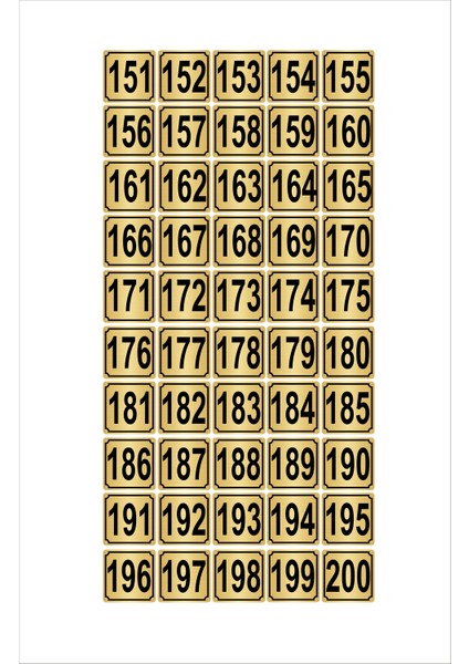 Metal Kapı Masa Dolap Numarası 5 x 5 cm 50'li 151-200 Altın