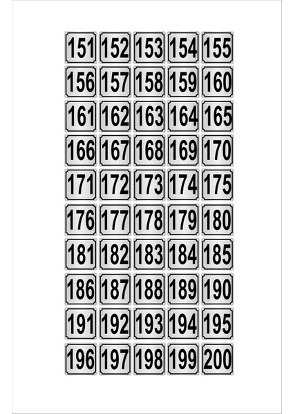 Metal Kapı Masa Dolap Numarası 10 x 10 cm 50'li 151-200 Gümüş