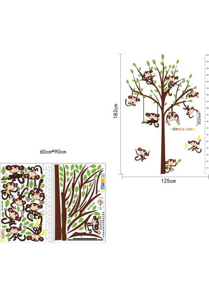 Dev Boyutlu Boy Ölçer Ağaç ve Maymunlar Çocuk Odası Duvar Sticker