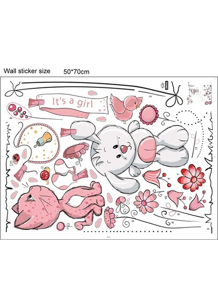 Çocuk Odası Pembe Sevimli Tavşan ve Kedi Duvar Sticker fiyatları