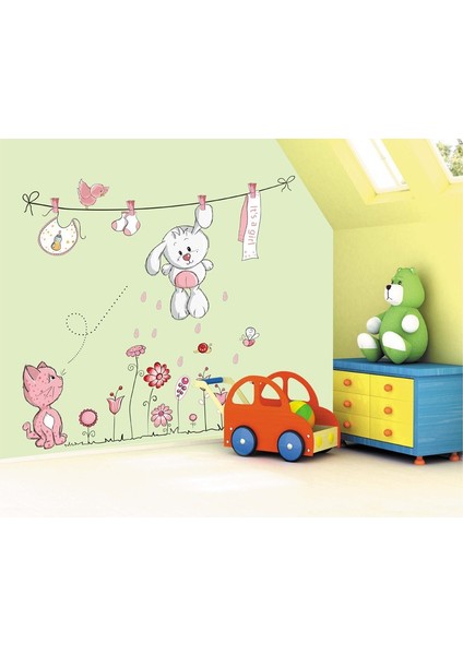 Çocuk Odası Pembe Sevimli Tavşan ve Kedi Duvar Sticker modelleri