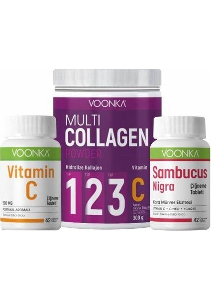 Vitamin C 62 Tablet + Sambucus Nigra 42 Tablet + Multi Collagen Powder