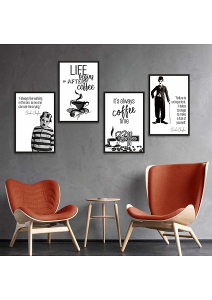 Coffee & Charlie Chaplin 4'lü Ahşap Tablo