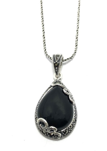 Oniks ve Markazit Taşlı Damla Model 925 Ayar Gümüş Kolye