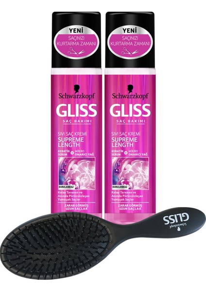 Schwarzkopf Glıss Supreme Length Sıvı Saç Kremi 200 ml x 2 Adet + Saç Fırçası