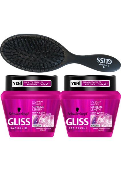 Schwarzkopf Glıss Supreme Length Maske 300 ml x 2 Adet + Saç Fırçası