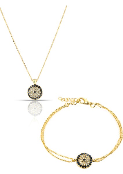 Altın Kaplama Nazar Boncuklu Kolye Bileklik Set