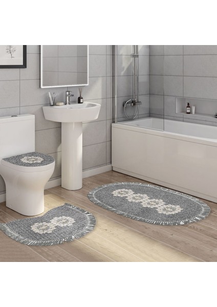 Queen Oval Nakışlı Kaymaz Yıkanabilir 3'lü Paspas Seti Klozet Takımı Antrasit