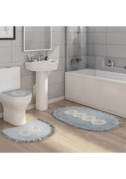 Queen Oval Nakışlı Kaymaz Yıkanabilir 3'lü Paspas Seti Klozet Takımı Set Gri
