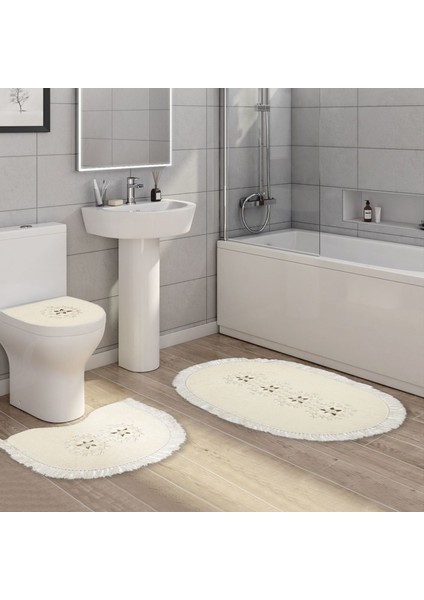 Queen Oval Nakışlı Kaymaz Yıkanabilir 3'lü Paspas Seti Klozet Takımı Set Krem