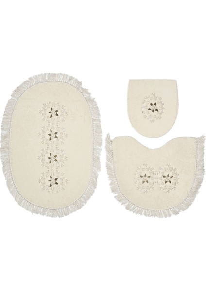 Queen Oval Nakışlı Kaymaz Yıkanabilir 3'lü Paspas Seti Klozet Takımı Set Krem fırsatları