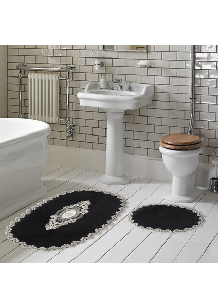 Selonya Welsoft Oval Kaymaz Taban Yıkanabilir 2'li Banyo Paspas Seti Klozet Takımı Siyah