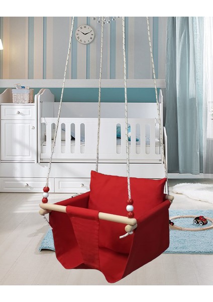 Ahşap Yastıklı Bebek Tavan Salıncağı - Kırmızı