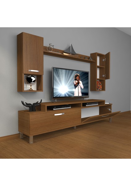 Ekoflex 5da Mdf Krom Ayaklı Tv Ünitesi Tv Sehpası Naturel Ceviz