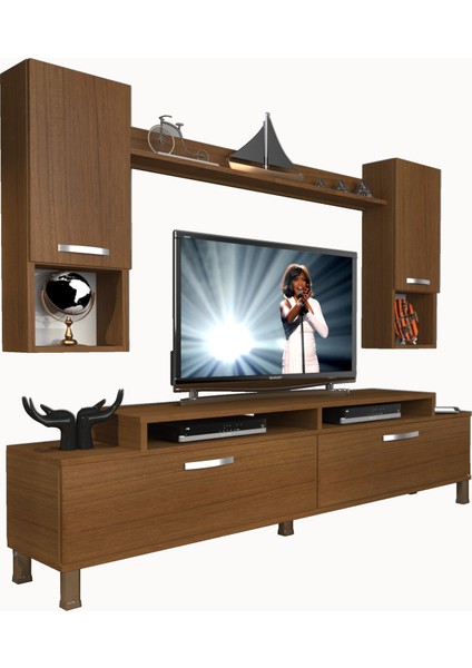 Ekoflex 5da Mdf Krom Ayaklı Tv Ünitesi Tv Sehpası Naturel Ceviz