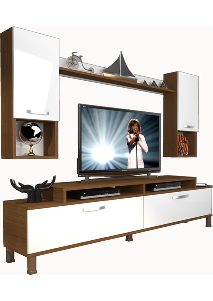 Ekoflex 5da Mdf Krom Ayaklı Tv Ünitesi Tv Sehpası Ceviz Beyaz