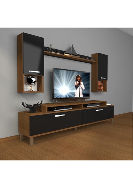 Ekoflex 5da Slm Krom Ayaklı Tv Ünitesi Tv Sehpası Ceviz Siyah