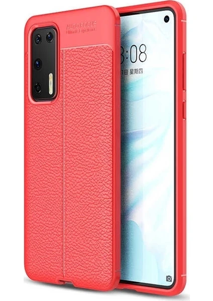 Case Street Huawei P40 Kılıf Niss Deri Görünümlü Silikon + Full Ekran Koruyucu Kırmızı