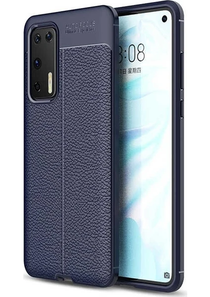 Case Street Huawei P40 Kılıf Niss Deri Görünümlü Silikon + Full Ekran Koruyucu Lacivert