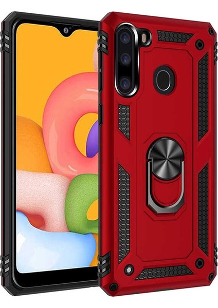 Samsung Galaxy A21 Kılıf Tank Koruma Vega Standlı Yüzüklü Mıknatıslı Kırmızı