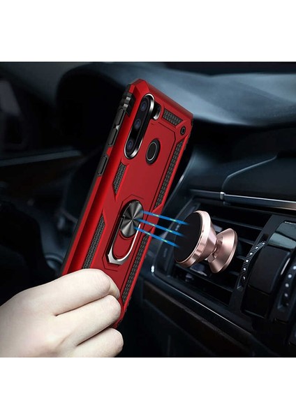 A21 Kılıf Tank Vega Standlı Yüzüklü Mıknatıslı + Nano Glass Siyah modelleri