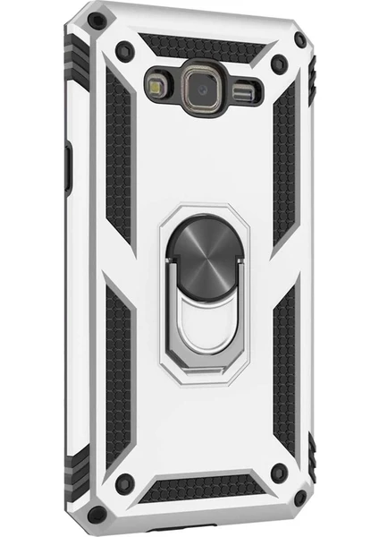 Case Street  J7 Core Kılıf Tank Vega Standlı Yüzüklü Mıknatıslı + Nano Glass Gümüş