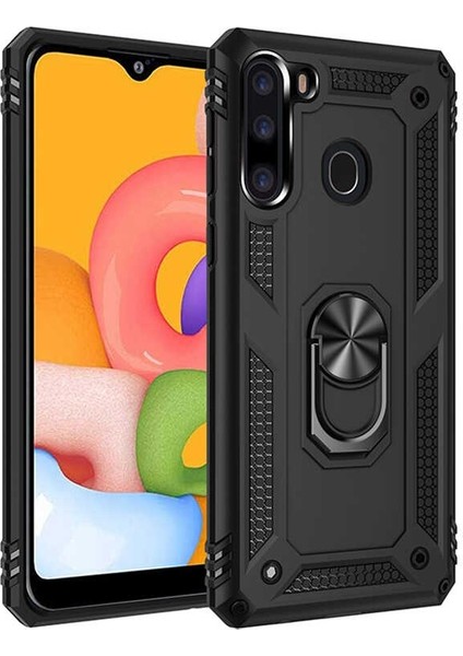 Samsung Galaxy A21 Kılıf Tank Koruma Vega Standlı Yüzüklü Mıknatıslı Siyah