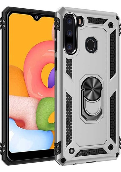 Samsung Galaxy A21 Kılıf Tank Vega Standlı Yüzüklü Mıknatıslı + Nano Glass Gümüş
