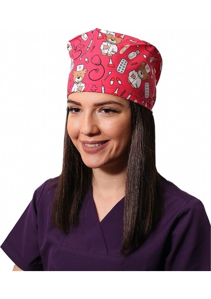 Emel Tekstil Pembe Ayıcık Desenli Doktor Hemşire Bone