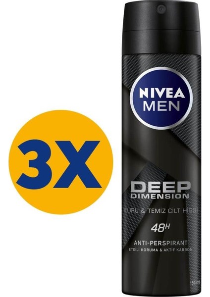 Men Erkek Sprey Deodorant Deep Dimension 48 Saat Anti-perspirant Koruma 150ml x3 Adet