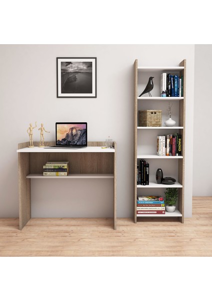 T2020 Kösem Kitaplık ve Çalışma Masası Ceviz Beyaz