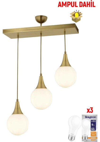 Damla 3 Lü Sıralı Eskitme -Led Ampul Dahil Modern Koridor Mutfak Salon Sarkıt Avize