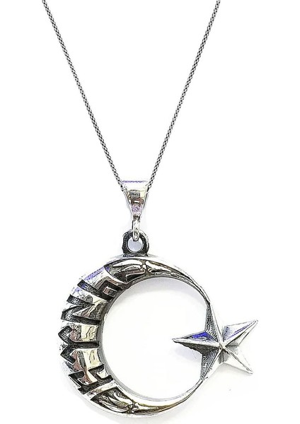 Gümüş Göktürkçe Türk Yazılı Ay Yıldız Erkek Kolye