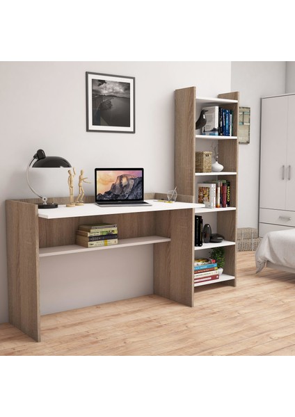 T7020 Mahpeyker Kitaplık ve Çalışma Masası Ceviz Beyaz