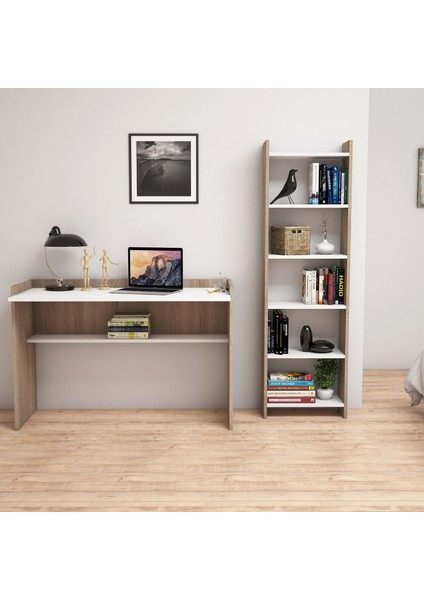 T7020 Mahpeyker Kitaplık ve Çalışma Masası Ceviz Beyaz