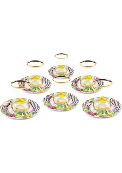 Bone Chına Porselen 5" Çay Tabağı ve Çay Bardağı Set 6'lı- 12 Parça