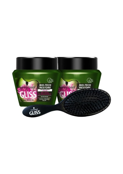Schwarzkopf Glıss Bıo-Tech Saç Bakım Maskesi 300 ml x 2 Adet + Saç Fırçası