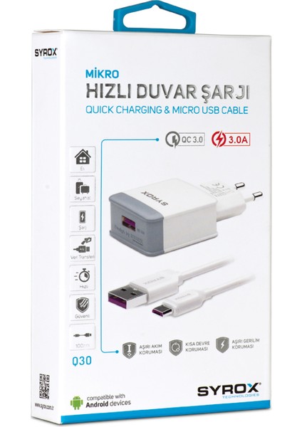 Q30 3.0A Hızlı Şarj Adaptör + Micro USB Kablo