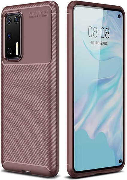 Huawei P40 Kılıf Karbon Desenli Lux Negro Silikon Kahverengi
