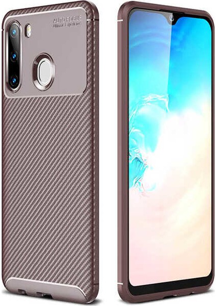 Samsung Galaxy A11 Kılıf Karbon Desenli Lux Negro Silikon + Cam Ekran Koruyucu Kahverengi