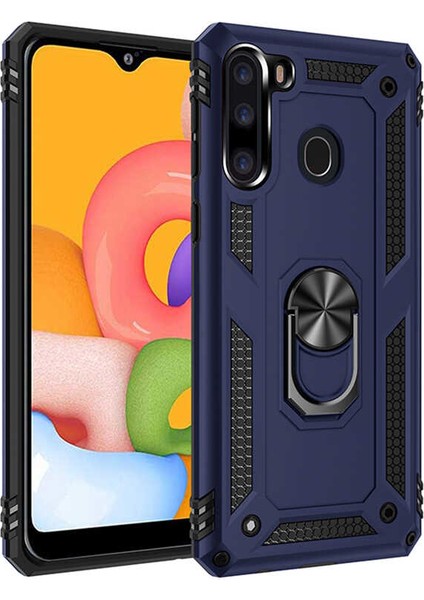 Samsung Galaxy A21 Kılıf Çift Katmanlı Yüzüklü Manyetik Vega Kapak + Cam Ekran Koruyucu Lacivert