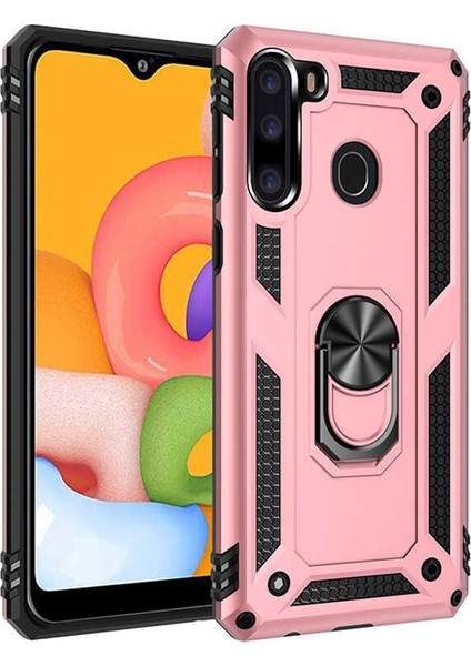 Samsung Galaxy A21 Kılıf Çift Katmanlı Yüzüklü Manyetik Vega Kapak + Tam Kaplayan 5D Cam Ekran Koruyucu Rose