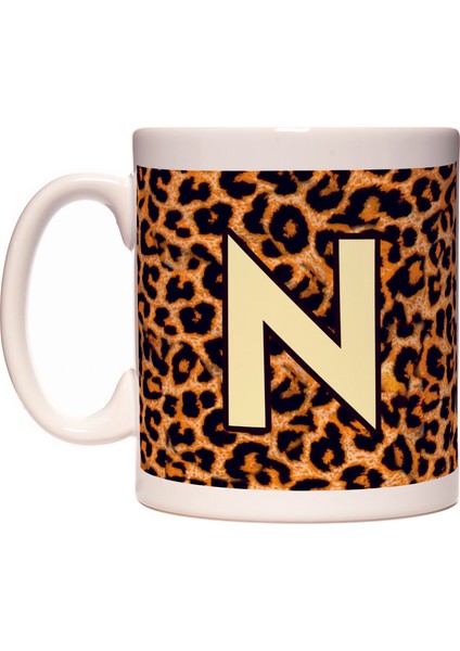 N Harfi Leopar Desen Baş Harf Tasarımlı Kahve Kupa Bardak